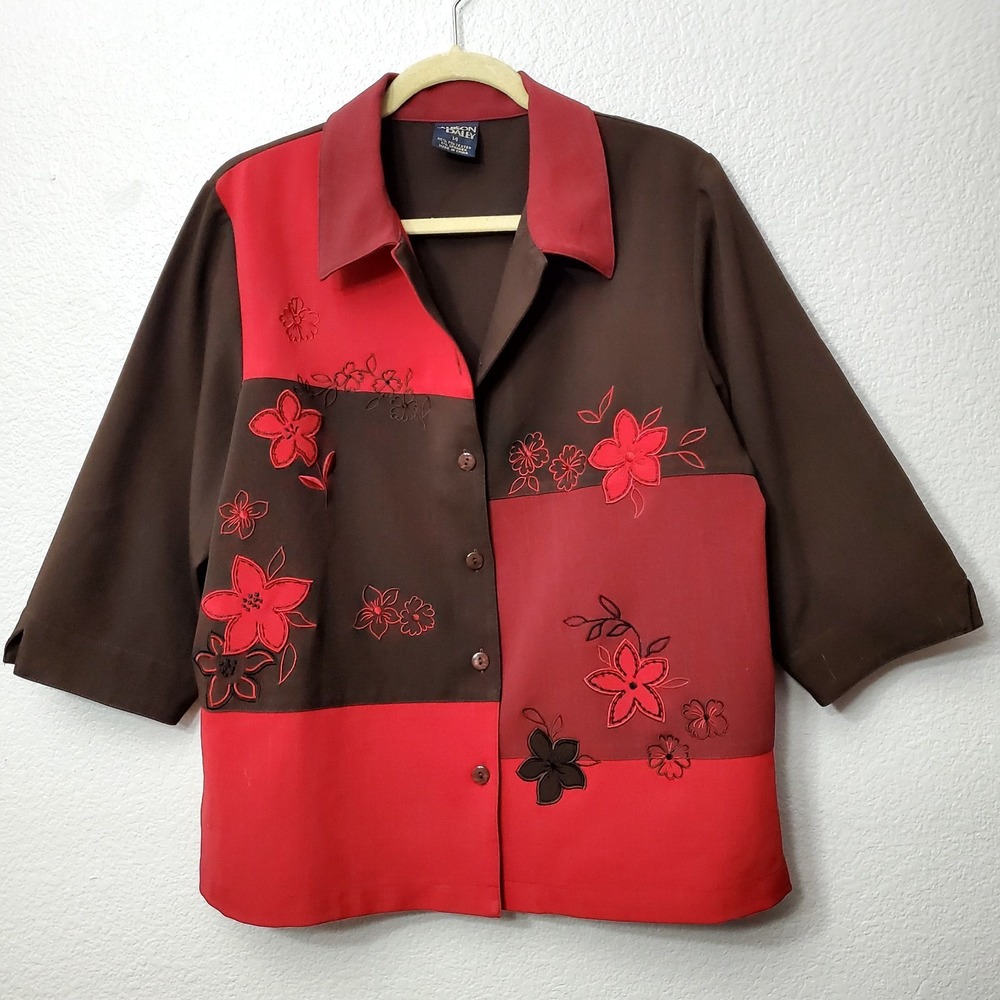 Allison Daley ◇ Womens 3/4 Sleeve Brown & Red Floral Embroidered Blouse-Size 14‎